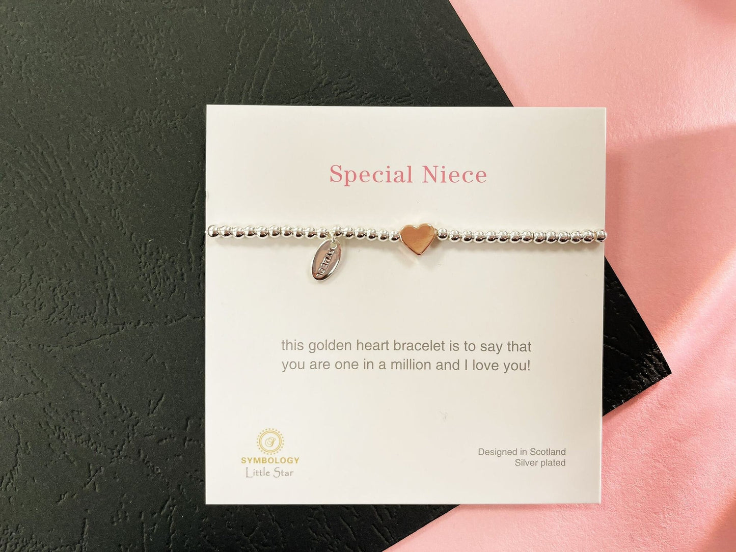 Rose Gold Heart Charm Bracelet, Special Niece Beaded Bracelet, Size Small Adults Bracelet, Christmas gift for Child, Sentimental Kids Gift