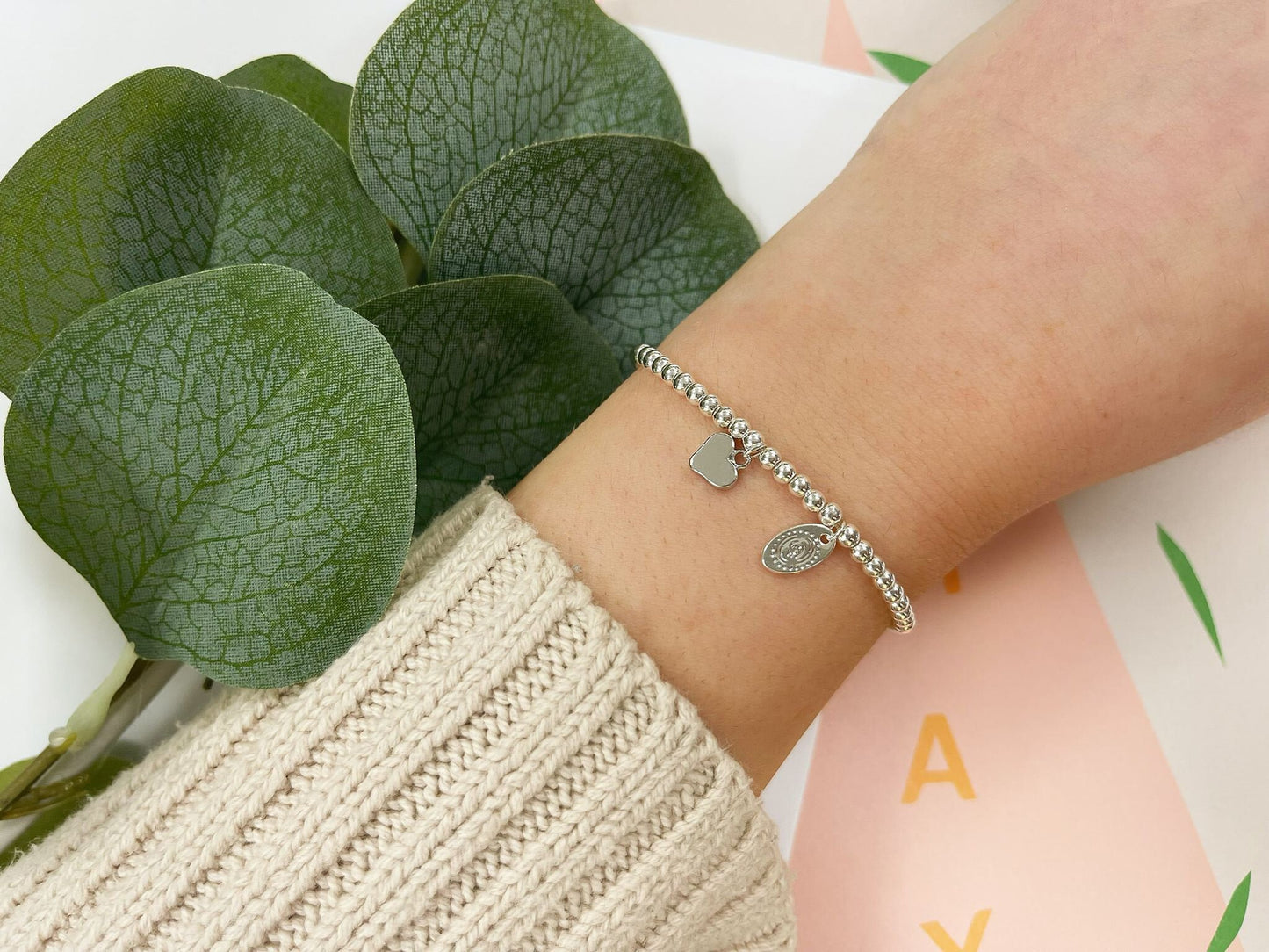 Silver Beads Love Heart Kids Bracelet, Silver Woman Elastic beaded Bracelet Size S, Christmas Sentimental Kids Gift For Her,Stocking Fillers