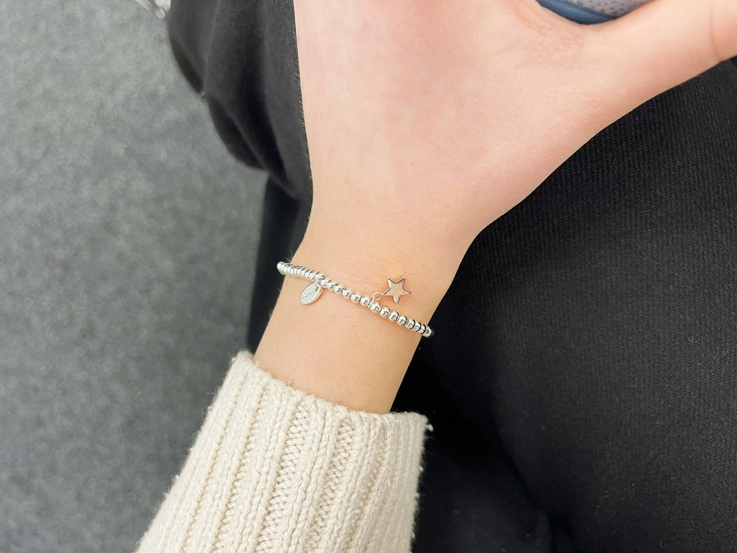 Rose Gold Beads Star Kids Bracelet, Silver Woman Elastic beaded Bracelet Size S, Christmas Sentimental Kids Gift For Her,Stocking Fillers