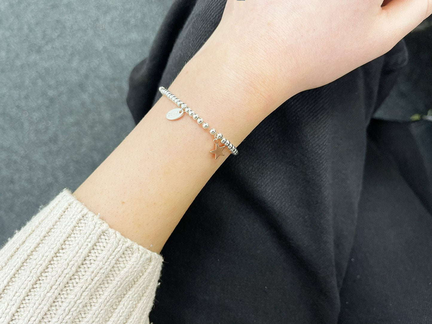 Rose Gold Beads Star Kids Bracelet, Silver Woman Elastic beaded Bracelet Size S, Christmas Sentimental Kids Gift For Her,Stocking Fillers