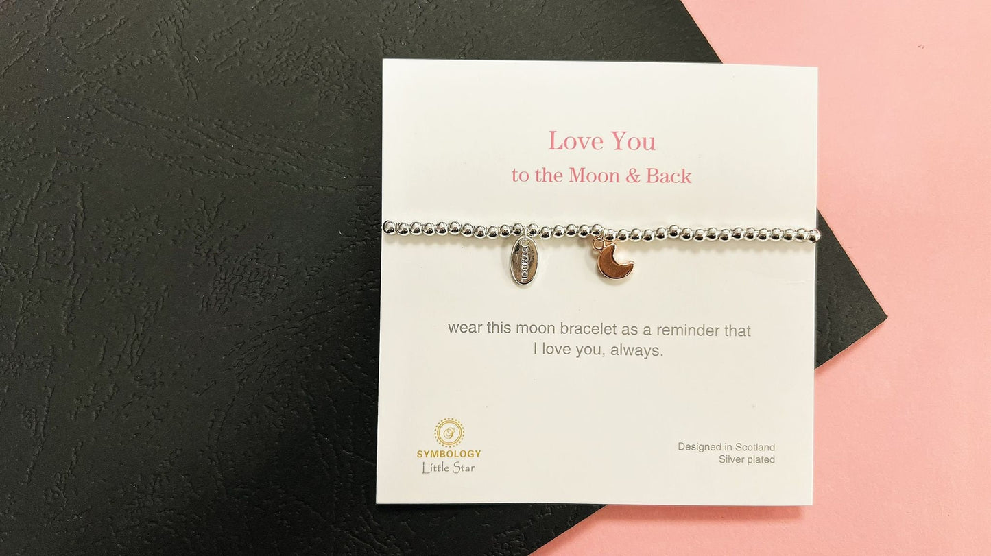 Silver and Rose Gold Beads Moon Kids Bracelet, Woman Elastic beaded Bracelet Size S, Christmas Sentimental Kids Gift For Her,Stocking Filler