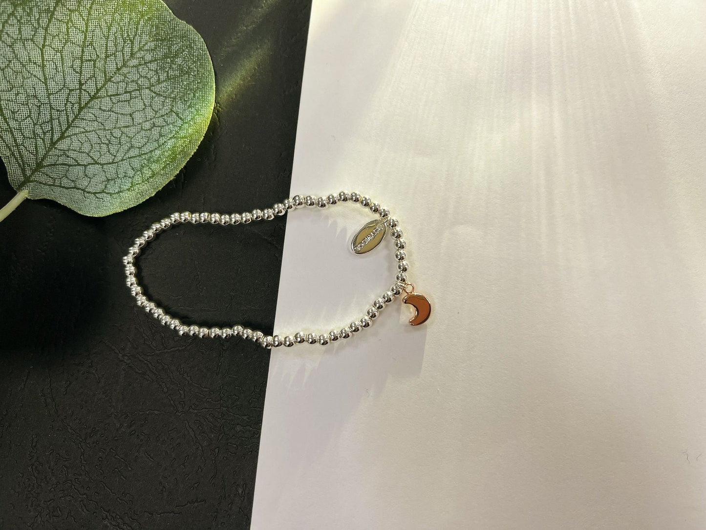 Silver and Rose Gold Beads Moon Kids Bracelet, Woman Elastic beaded Bracelet Size S, Christmas Sentimental Kids Gift For Her,Stocking Filler