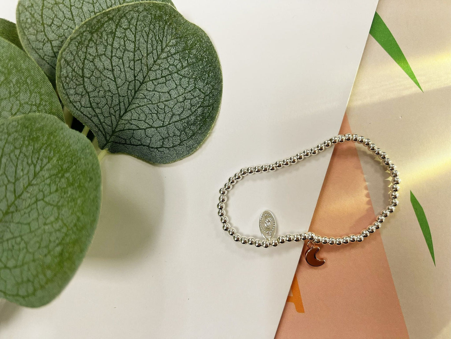 Silver and Rose Gold Beads Moon Kids Bracelet, Woman Elastic beaded Bracelet Size S, Christmas Sentimental Kids Gift For Her,Stocking Filler
