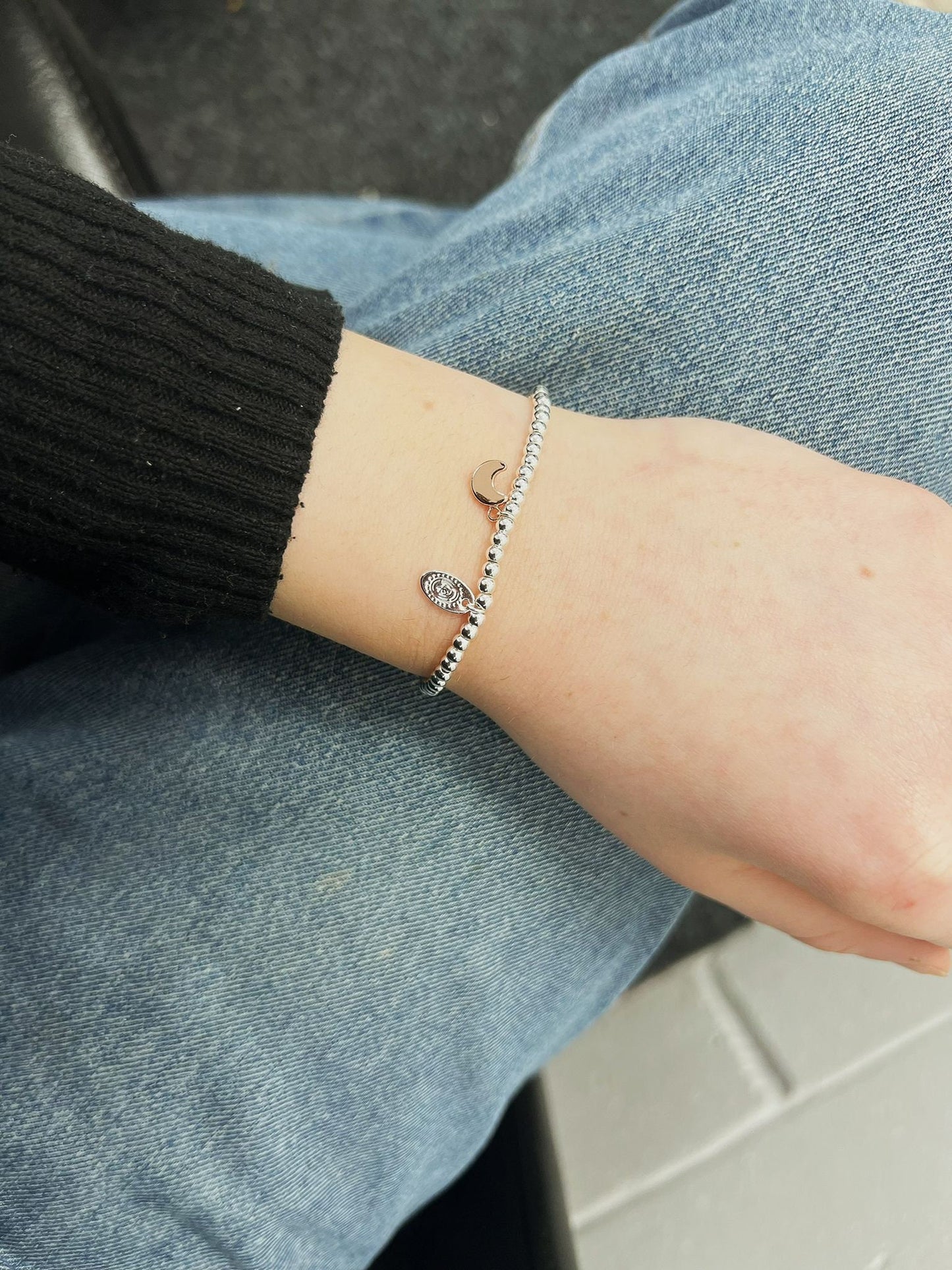 Silver and Rose Gold Beads Moon Kids Bracelet, Woman Elastic beaded Bracelet Size S, Christmas Sentimental Kids Gift For Her,Stocking Filler