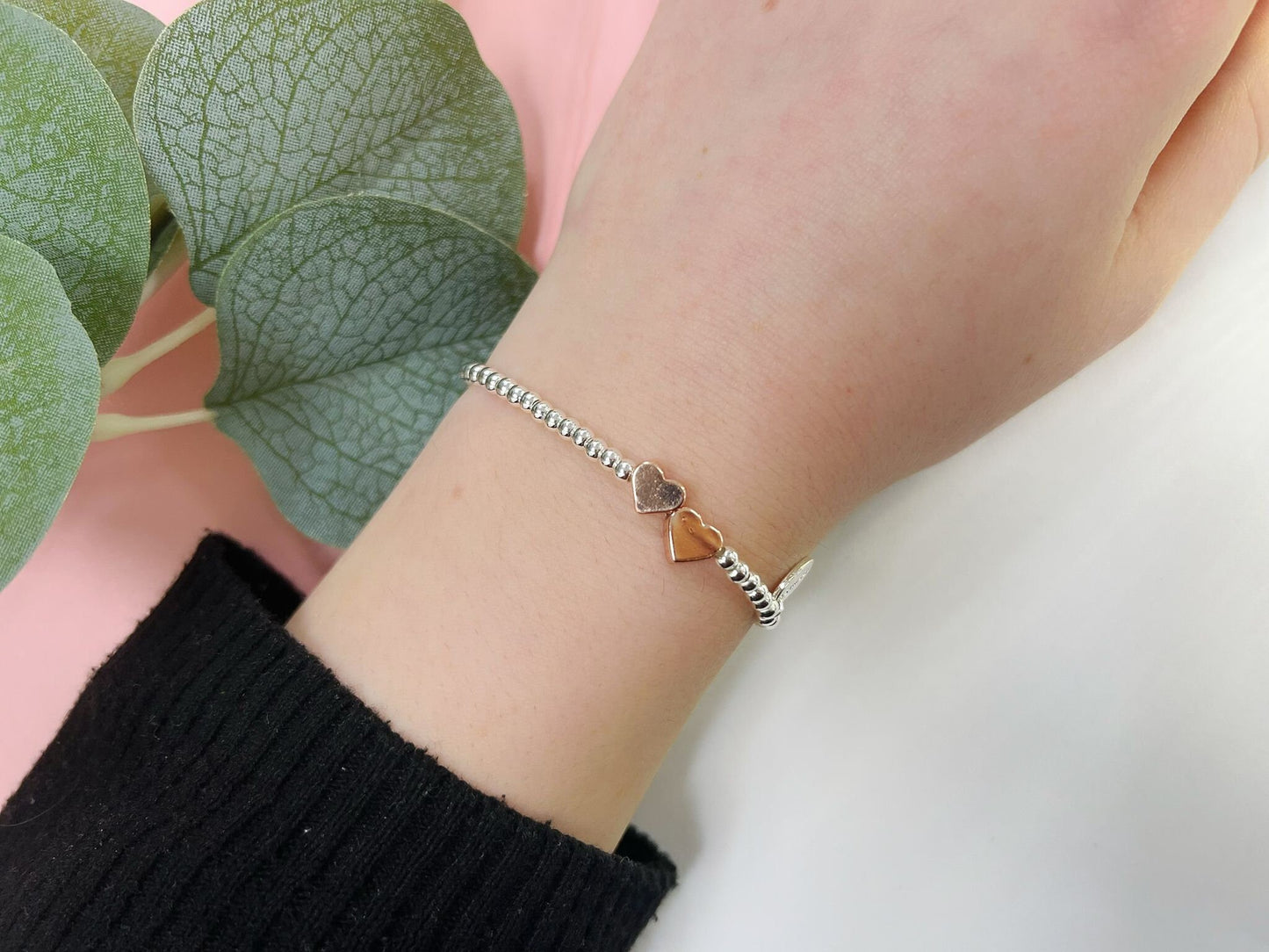 Rose Gold Double Heart Charm Bracelet, Silver Woman Elastic beaded Bracelet Size S, Christmas Sentimental Kids Gift For Her,Stocking Fillers