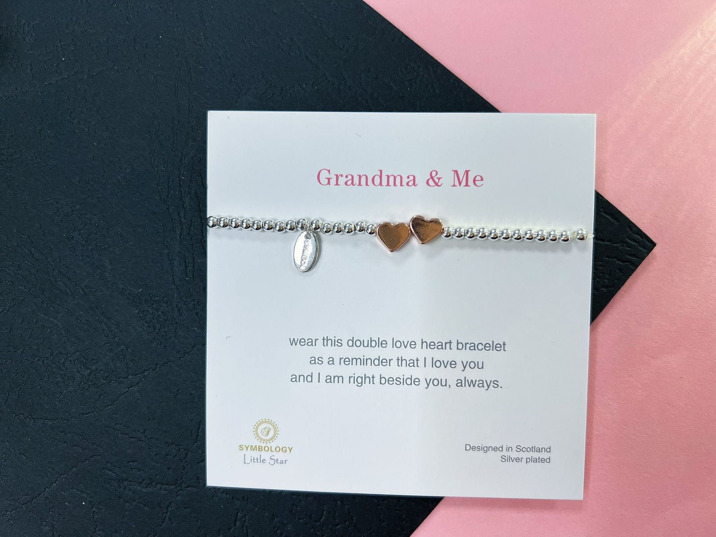 Rose Gold Double Heart Charm Bracelet, Silver Woman Elastic beaded Bracelet Size S, Christmas Sentimental Kids Gift For Her,Stocking Fillers