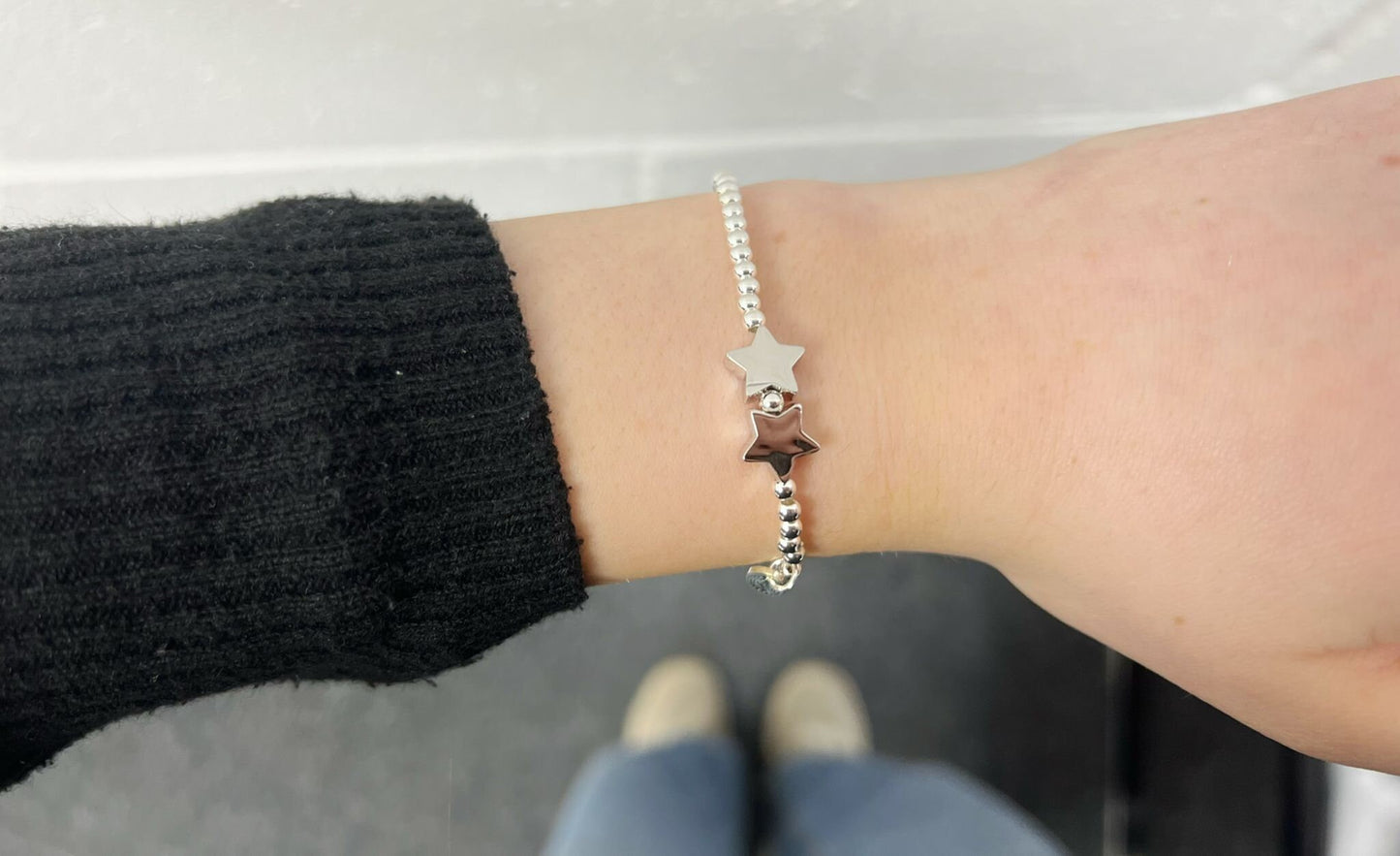 Silver Beads Double Star Kids Bracelet, Silver Woman Elastic beaded Bracelet Size S, Christmas Sentimental Kids Gift For Her,Stocking Filler