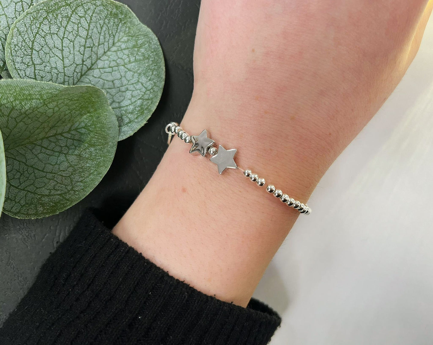 Silver Beads Double Star Kids Bracelet, Silver Woman Elastic beaded Bracelet Size S, Christmas Sentimental Kids Gift For Her,Stocking Filler