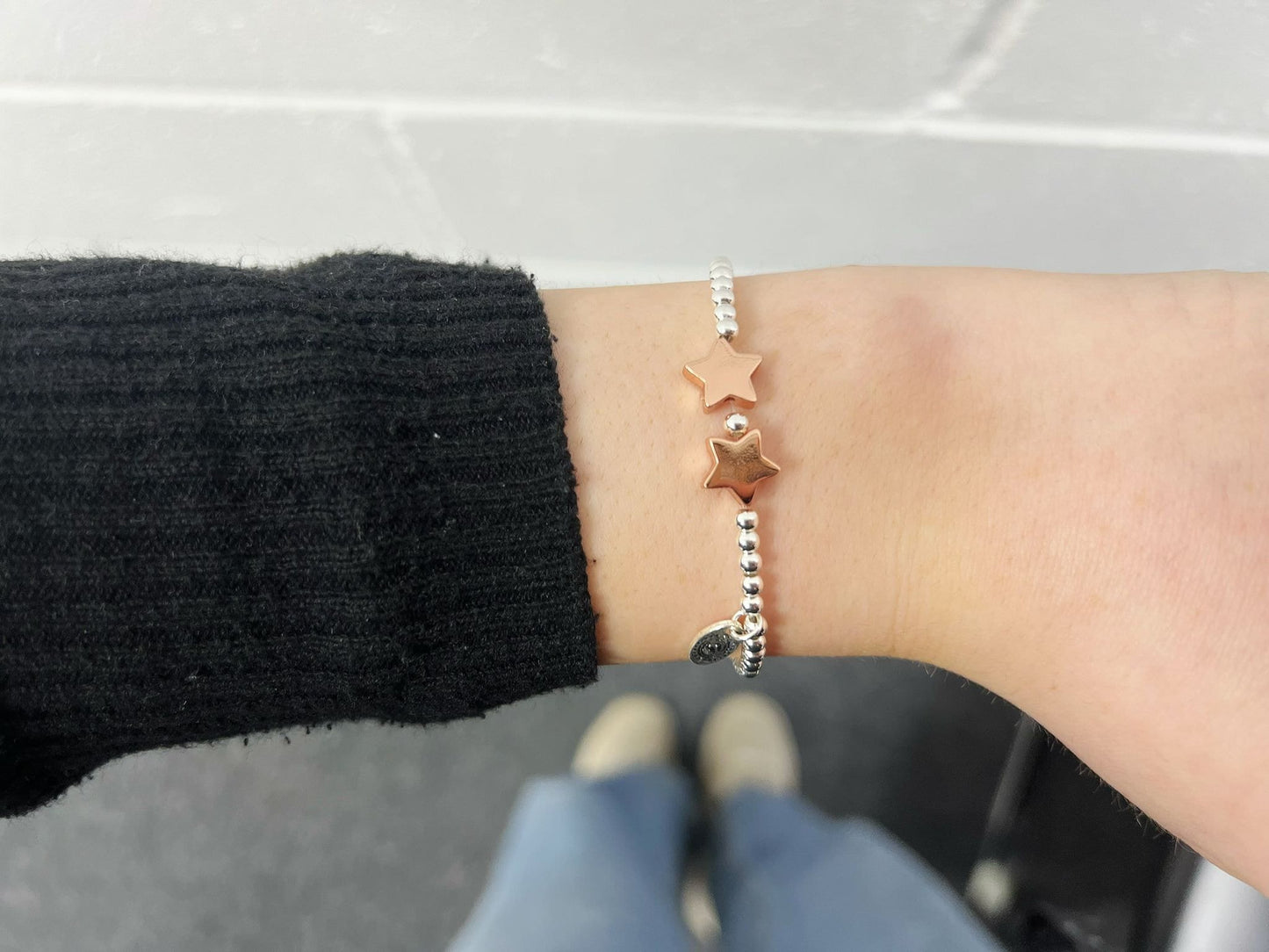 Rose Gold Beads Double Star Kids Bracelet, Silver Woman Elastic beaded Bracelet Size S, Christmas Sentimental Gift For Her,Stocking Filler