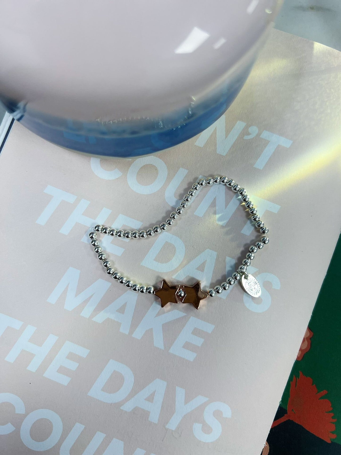 Rose Gold Beads Double Star Kids Bracelet, Silver Woman Elastic beaded Bracelet Size S, Christmas Sentimental Gift For Her,Stocking Filler