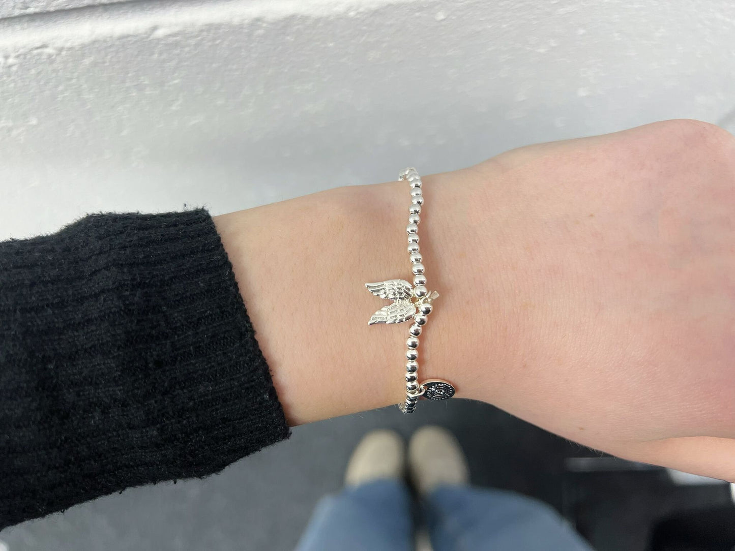 Silver Beads Guardian Angel Kids Bracelet, Silver Woman Elastic beaded Bracelet Size S, Christmas Sentimental Gift For Her,Stocking Fillers