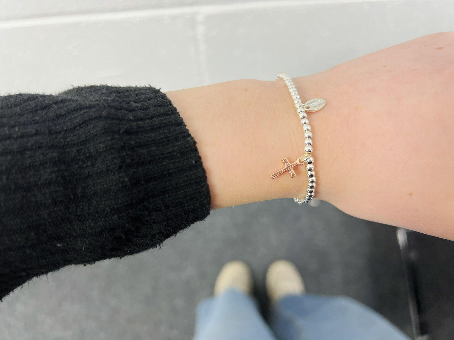 Silver Beads Cross Kids Bracelet, Rose Gold Cross Charm, Womens Elastic beaded Bracelet Size S, Christmas Gift For Her, Stocking Filler