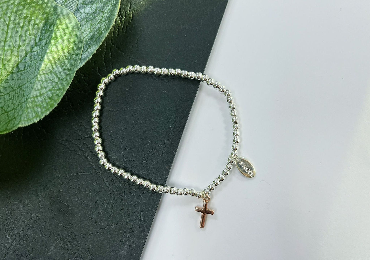 Silver Beads Cross Kids Bracelet, Rose Gold Cross Charm, Womens Elastic beaded Bracelet Size S, Christmas Gift For Her, Stocking Filler