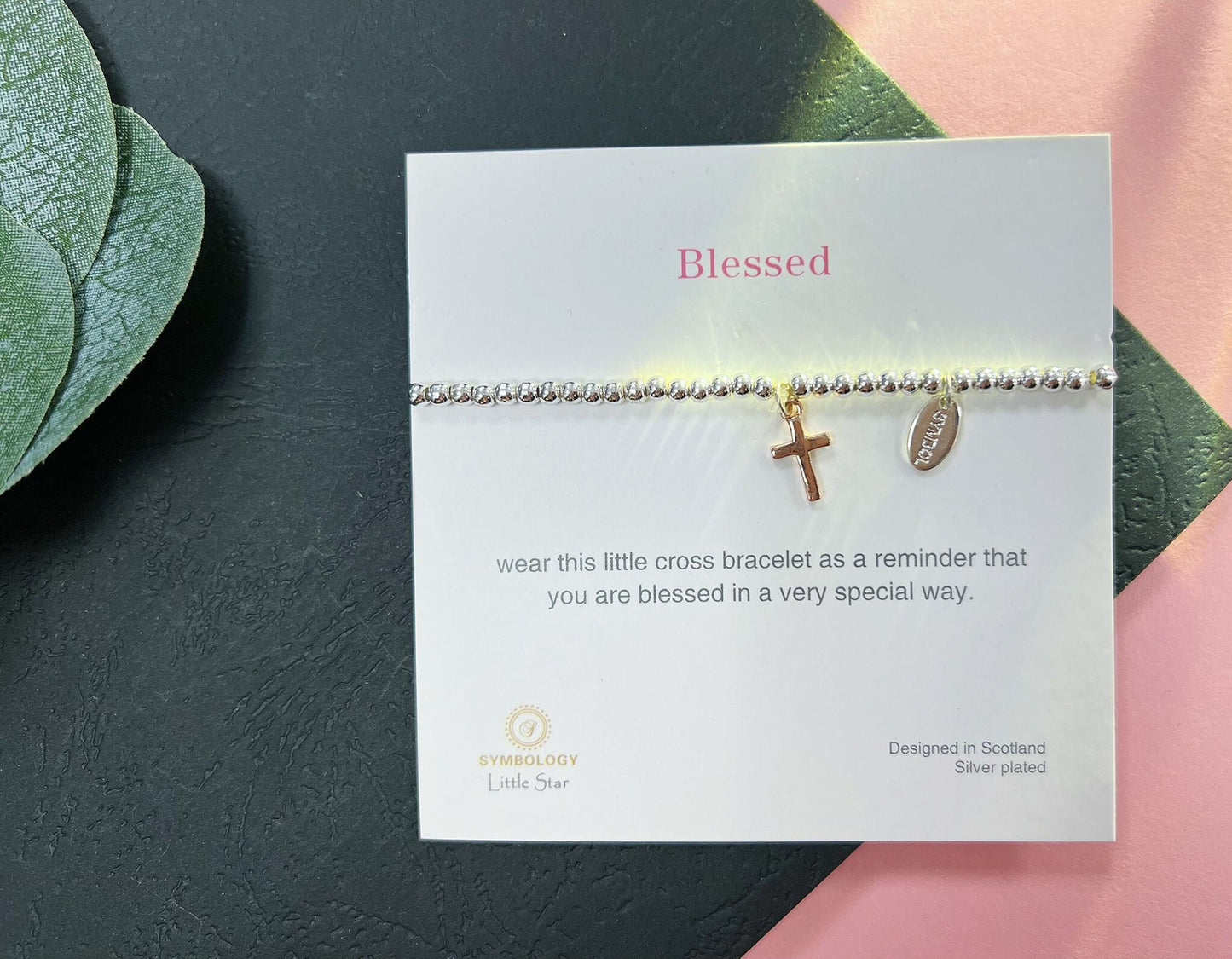 Silver Beads Cross Kids Bracelet, Rose Gold Cross Charm, Womens Elastic beaded Bracelet Size S, Christmas Gift For Her, Stocking Filler