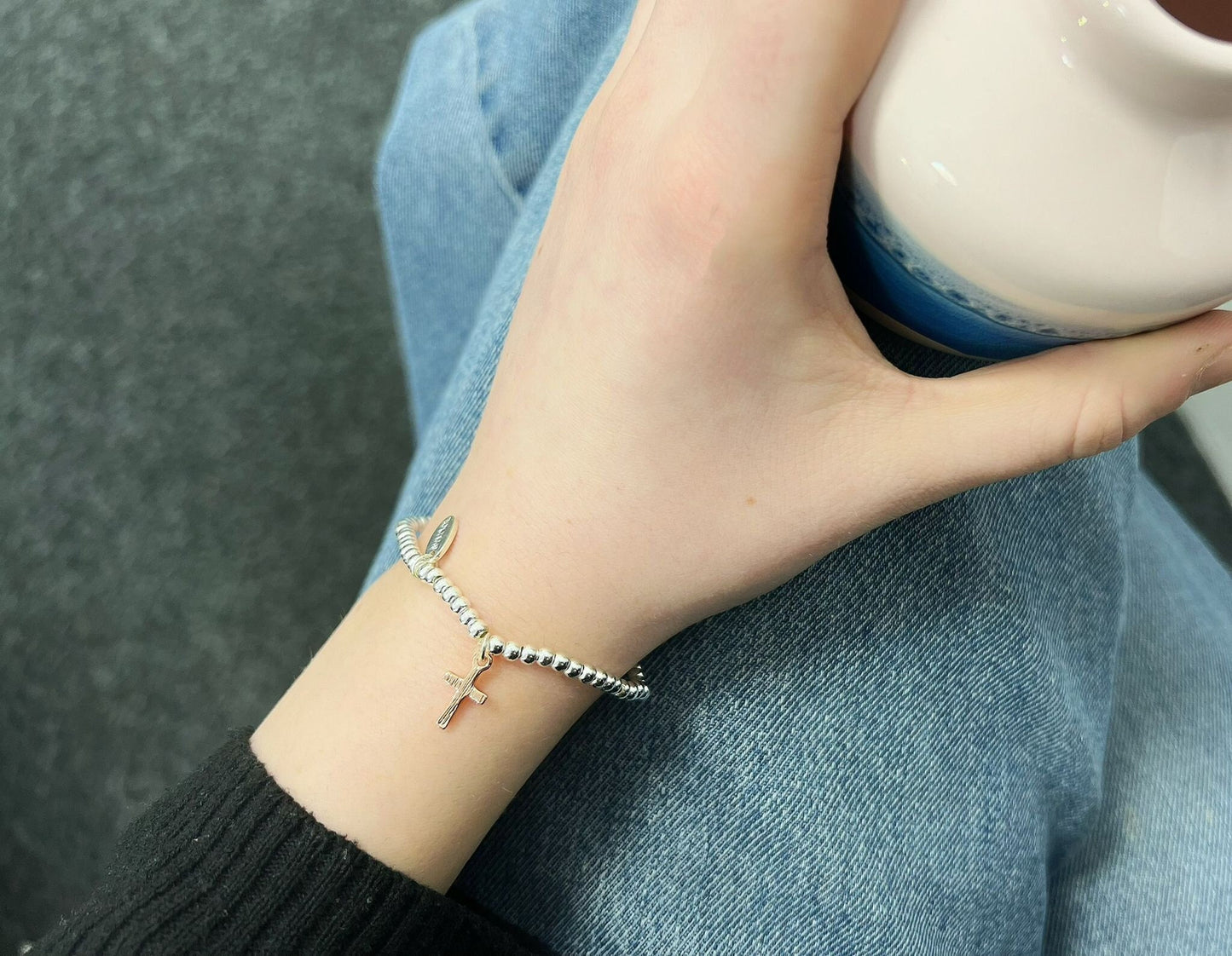 Silver Beads Cross Kids Bracelet, Rose Gold Cross Charm, Womens Elastic beaded Bracelet Size S, Christmas Gift For Her, Stocking Filler