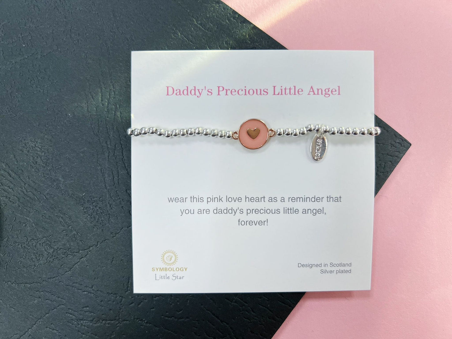 Love Heart Daughter Bracelet, Silver Plated Pink Heart Beads Bracelet, Silver Beaded Elastic Bracelet Small, Kids Birthday Gift for Her