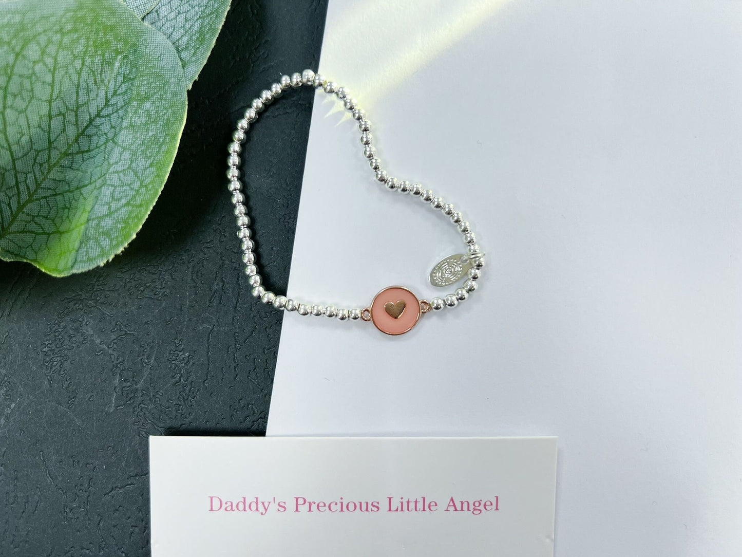 Love Heart Daughter Bracelet, Silver Plated Pink Heart Beads Bracelet, Silver Beaded Elastic Bracelet Small, Kids Birthday Gift for Her