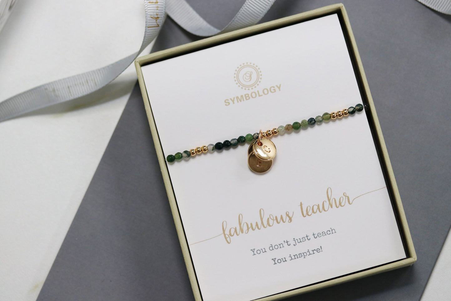 Personalised Teacher Gift, Initial Charm Bracelet, Stretch Natural Beads Bracelet, Stackable Dainty Bracelets, May Birthday Gift for Her