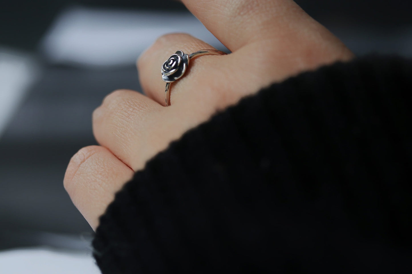 Solid Silver Handmade Rose Ring, Vintage Floral Open Ring, Modern Minimalist Adjustable Stacking Ring,Girlfriend Birthday Gift, Gift for Her