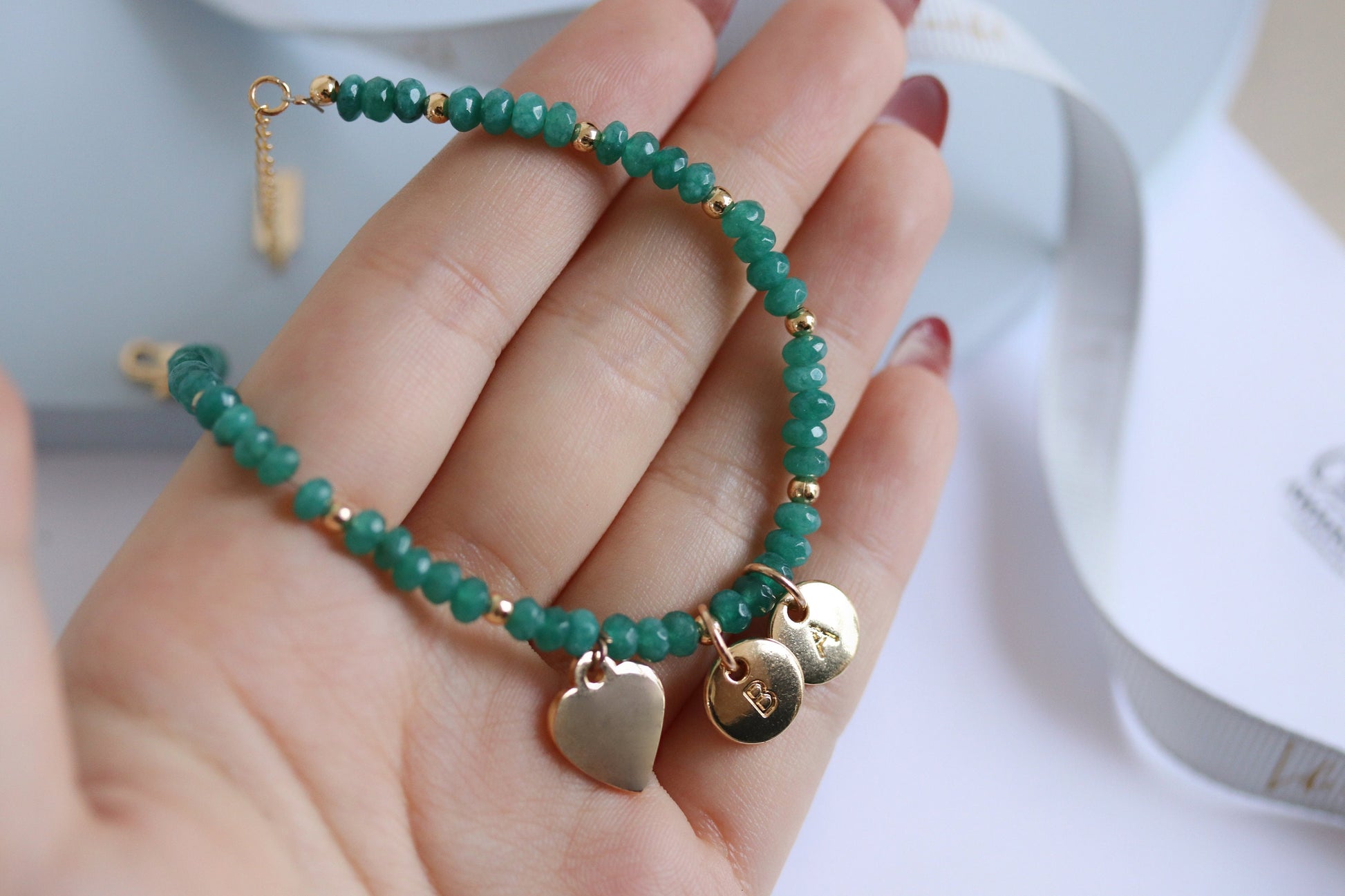Personalised Granny Initial Bracelet, Alphabet Charm Bracelet, Gold Emerald Beads Bangle, Stackable Gemstone Bracelet, Grandma Birthday Gift