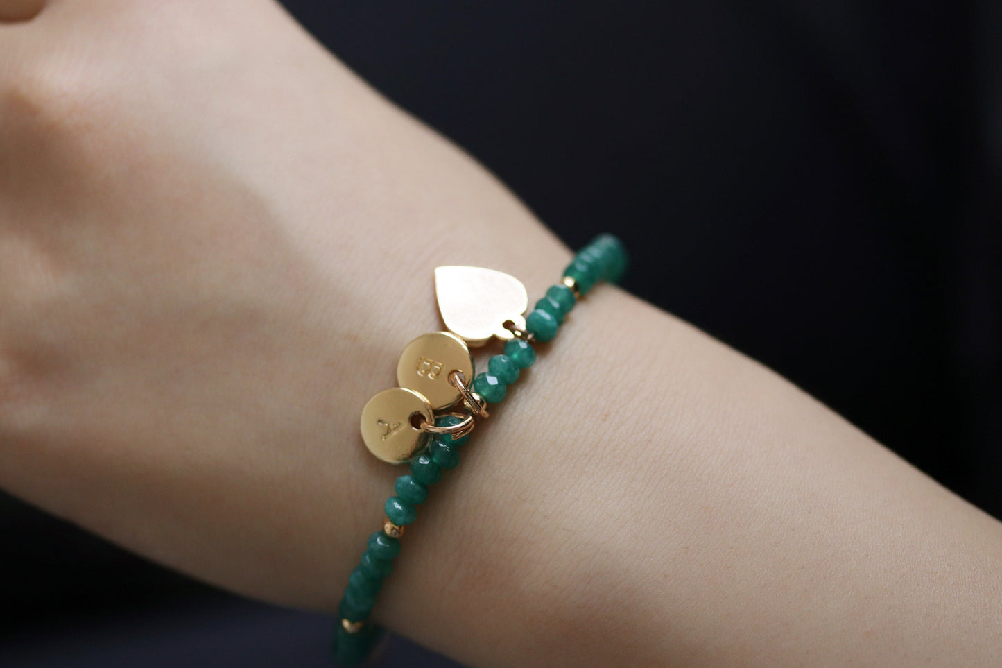 Personalised Granny Initial Bracelet, Alphabet Charm Bracelet, Gold Emerald Beads Bangle, Stackable Gemstone Bracelet, Grandma Birthday Gift