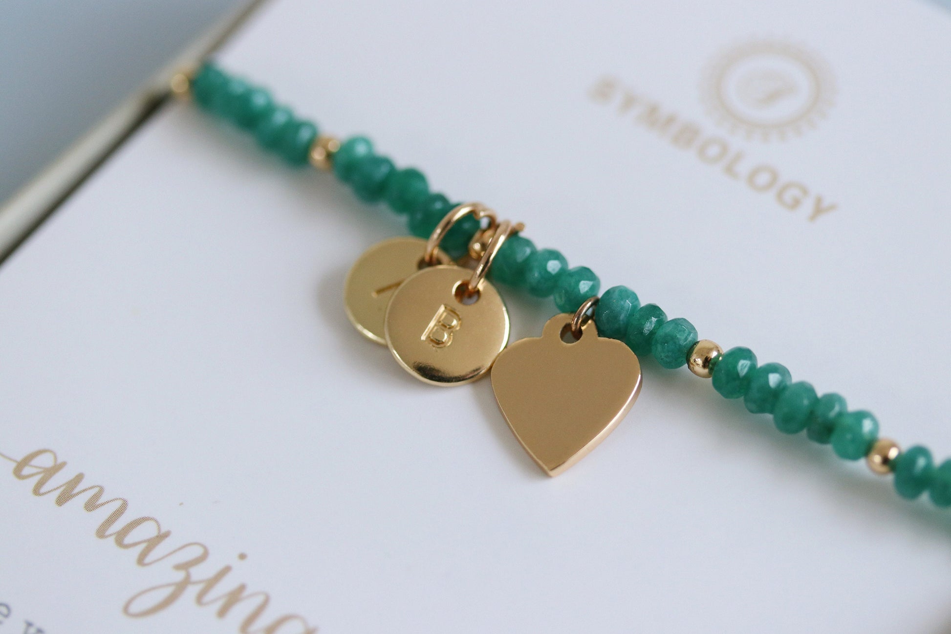 Personalised Granny Initial Bracelet, Alphabet Charm Bracelet, Gold Emerald Beads Bangle, Stackable Gemstone Bracelet, Grandma Birthday Gift