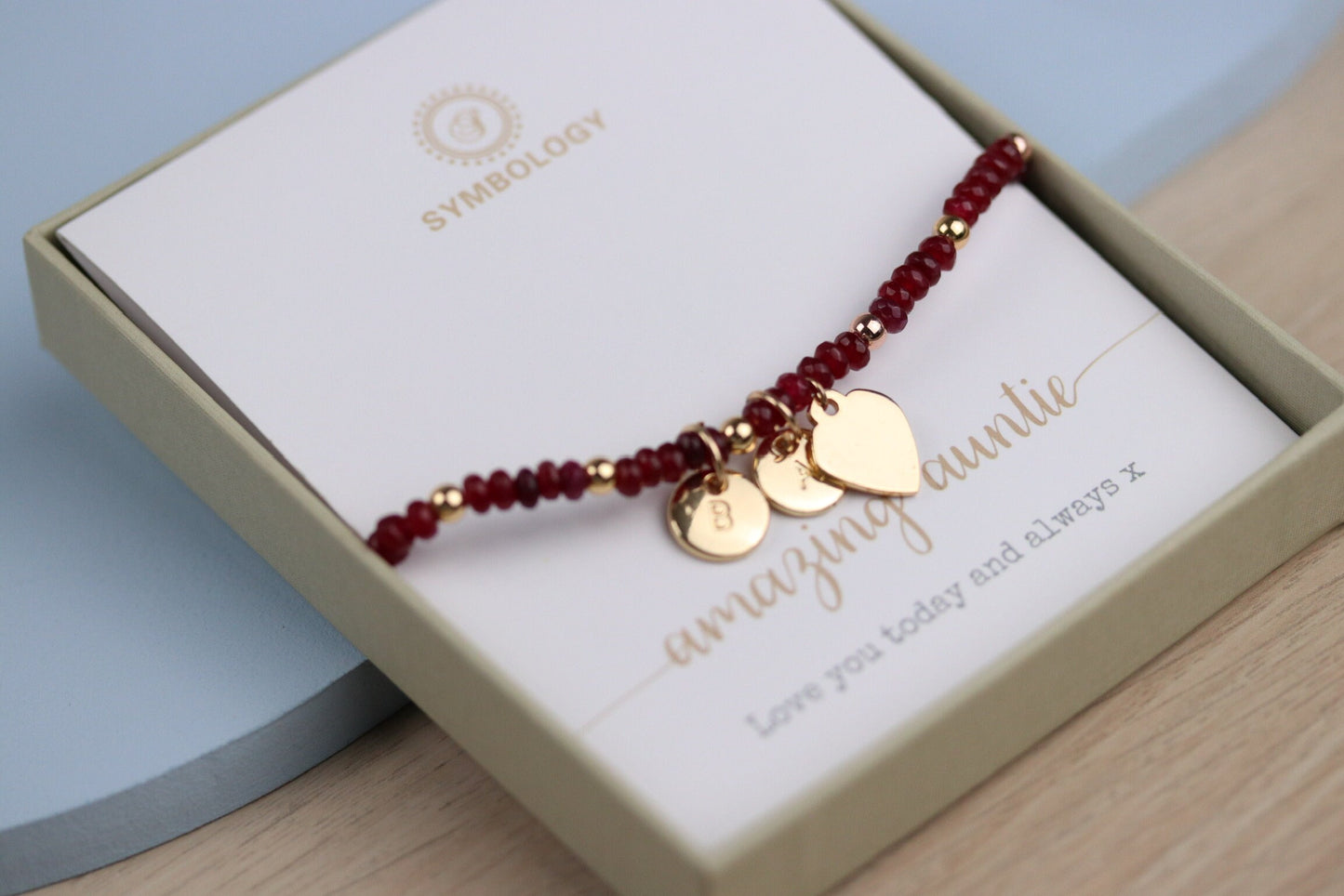Personalised Auntie Initial Ruby Bracelet,Alphabet Minimalist Jewellery, Gold Ruby Beads Bangle, Dainty Natural Stone Bracelet, Gift for Her