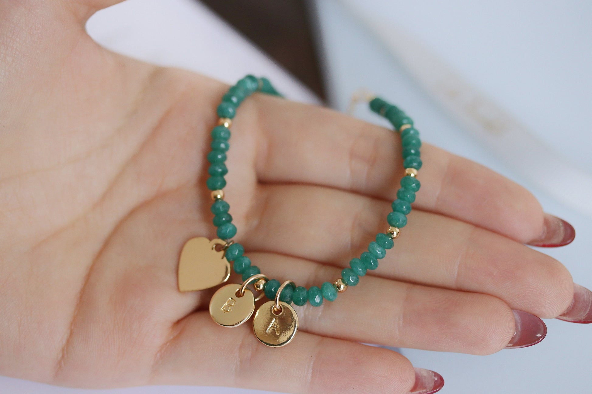 Personalised Granny Initial Bracelet, Alphabet Charm Bracelet, Gold Emerald Beads Bangle, Stackable Gemstone Bracelet, Grandma Birthday Gift