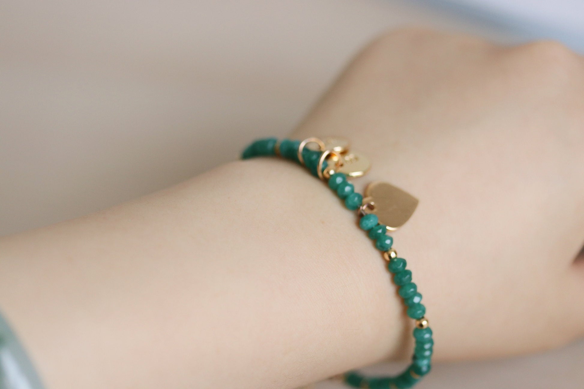 Personalised Granny Initial Bracelet, Alphabet Charm Bracelet, Gold Emerald Beads Bangle, Stackable Gemstone Bracelet, Grandma Birthday Gift