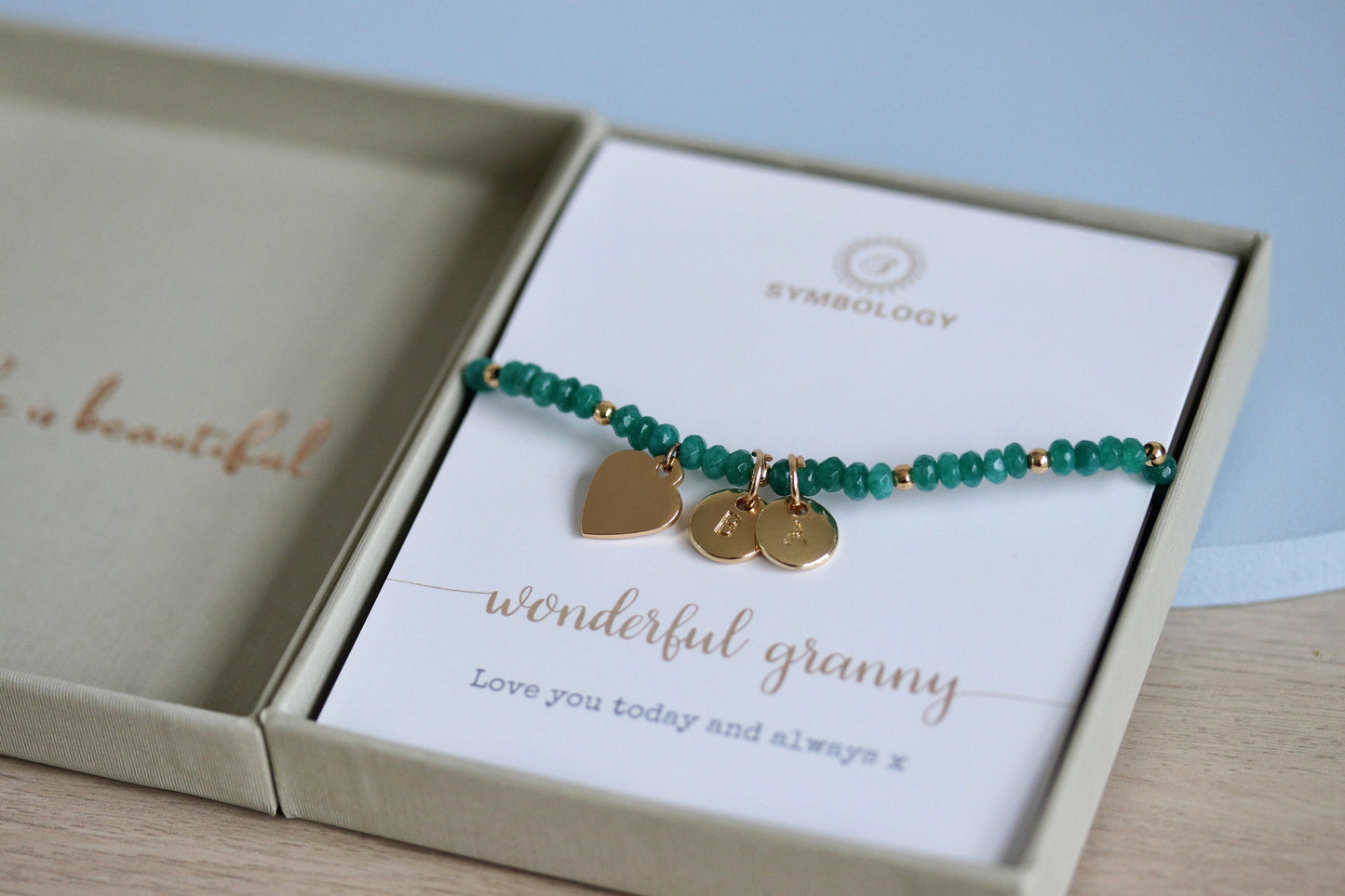 Personalised Granny Initial Bracelet, Alphabet Charm Bracelet, Gold Emerald Beads Bangle, Stackable Gemstone Bracelet, Grandma Birthday Gift
