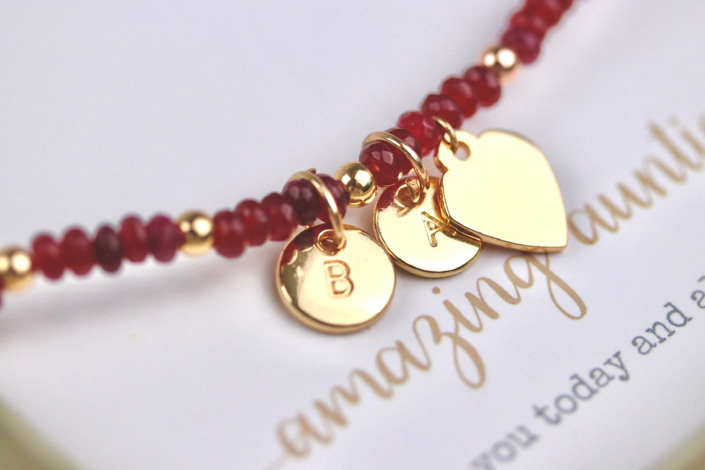 Personalised Auntie Initial Ruby Bracelet,Alphabet Minimalist Jewellery, Gold Ruby Beads Bangle, Dainty Natural Stone Bracelet, Gift for Her