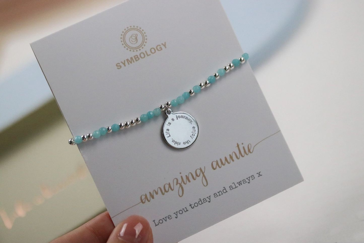 Personalised Auntie Bracelet, Dainty Initial Bracelet, Gold Blue Natural Beads Bangle, Stackable Gemstone Bracelet, Auntie Birthday Gift