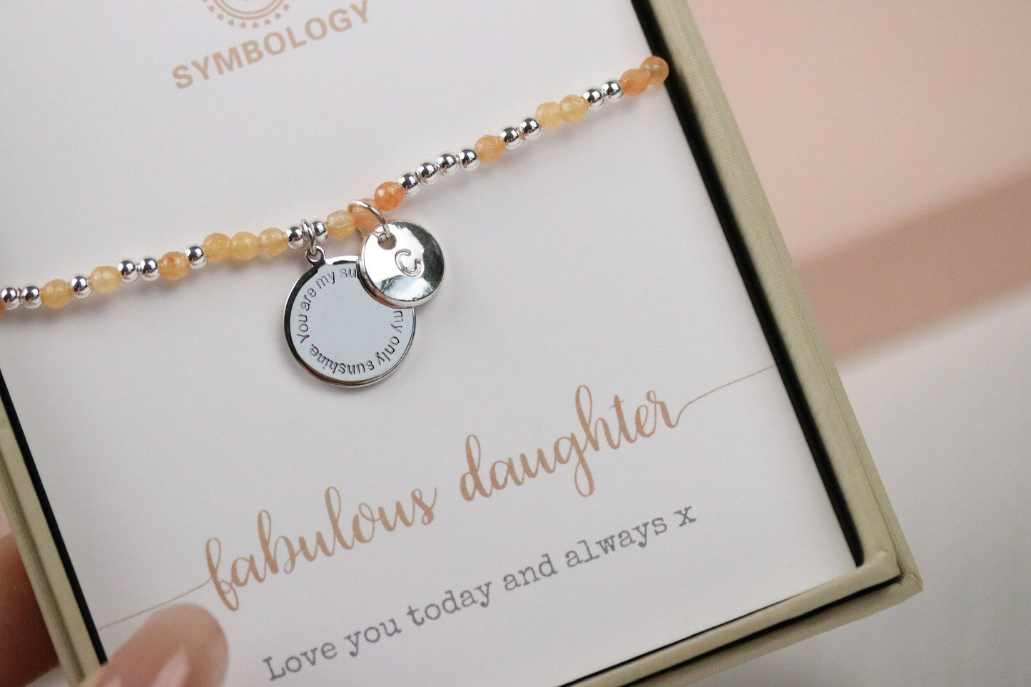 Personalised Initial Bracelet, Gold Alphabet Daughter Bracelet, Stretch Peach Gemstone Bracelet, Daughter in Law Birthday Gift for Her,