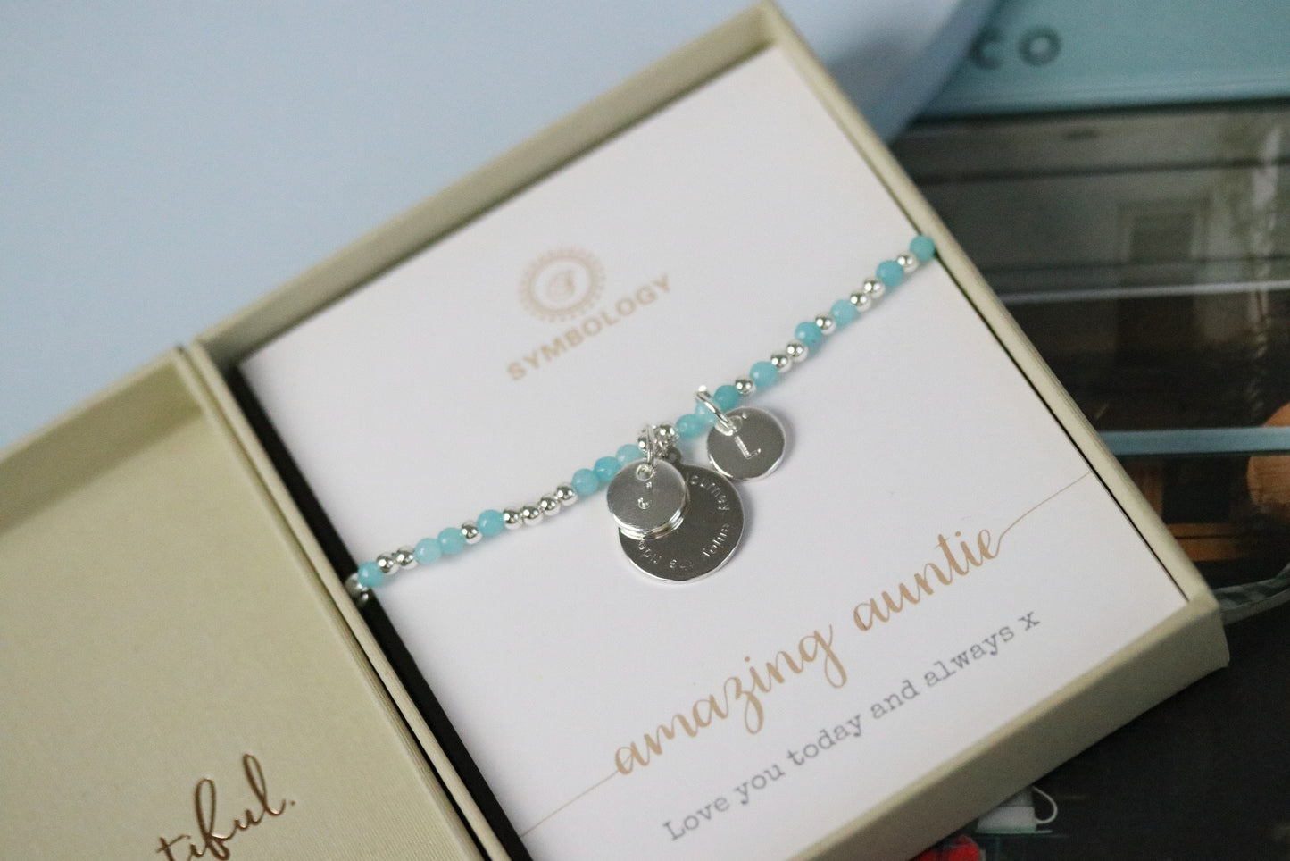 Personalised Auntie Bracelet, Dainty Initial Bracelet, Gold Blue Natural Beads Bangle, Stackable Gemstone Bracelet, Auntie Birthday Gift