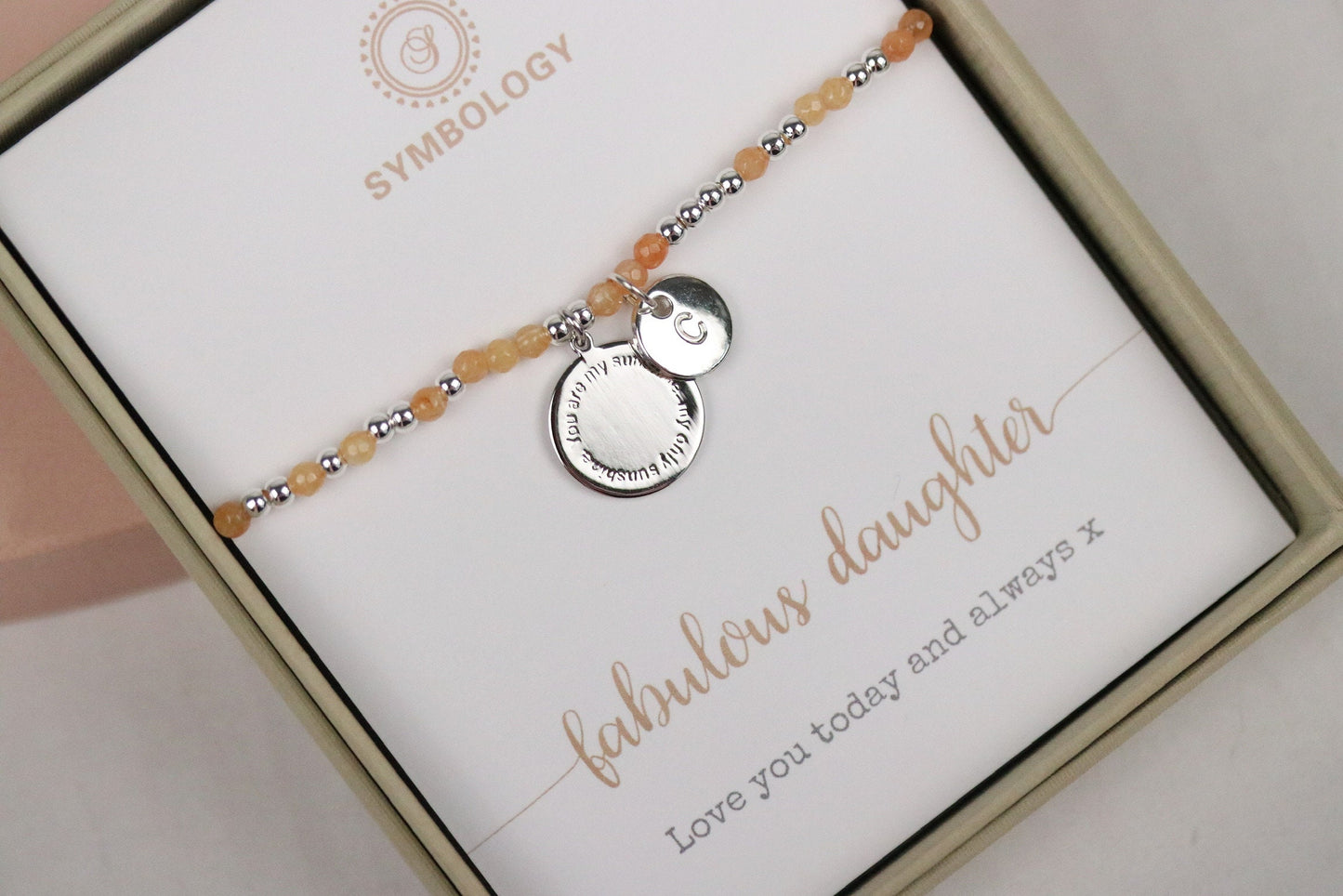 Personalised Initial Bracelet, Gold Alphabet Daughter Bracelet, Stretch Peach Gemstone Bracelet, Daughter in Law Birthday Gift for Her,