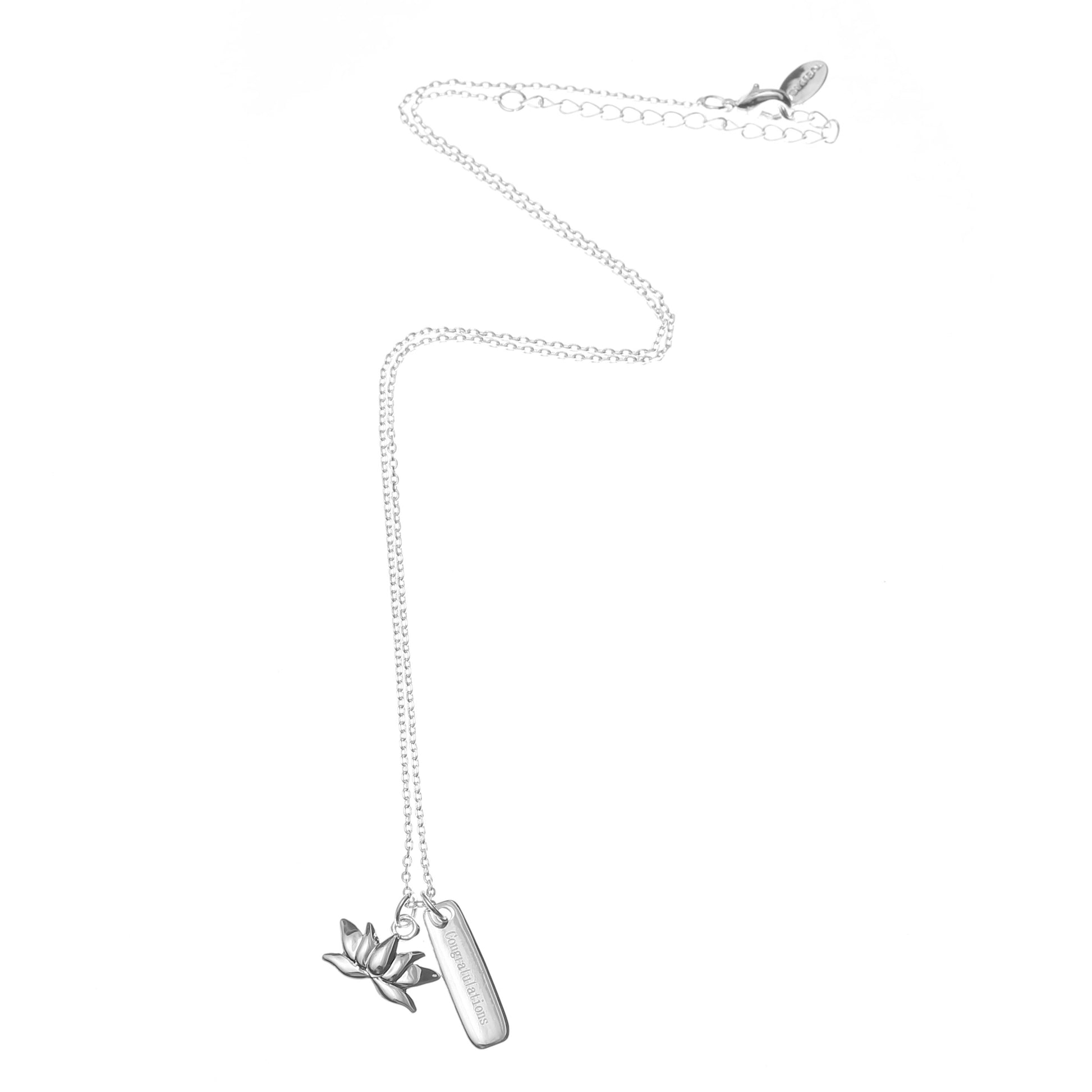 Silver Congratulations Personalised Necklace, Lotus Charm, Birthstone Initial Pendant, Sentimental Womens Jewellery, Graduation Gift for Her