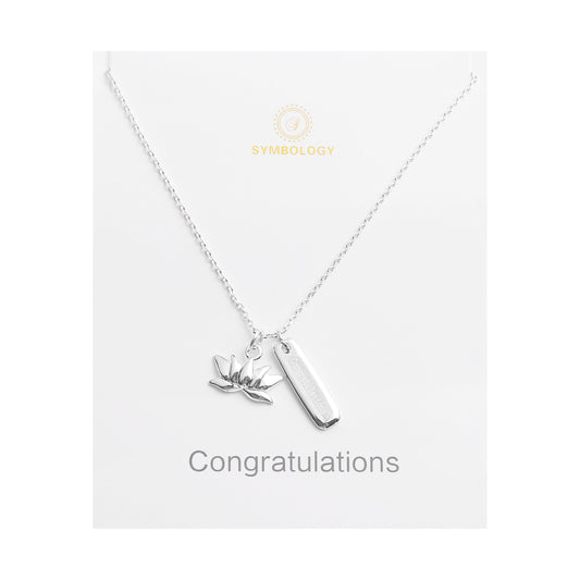 Silver Congratulations Personalised Necklace, Lotus Charm, Birthstone Initial Pendant, Sentimental Womens Jewellery, Graduation Gift for Her