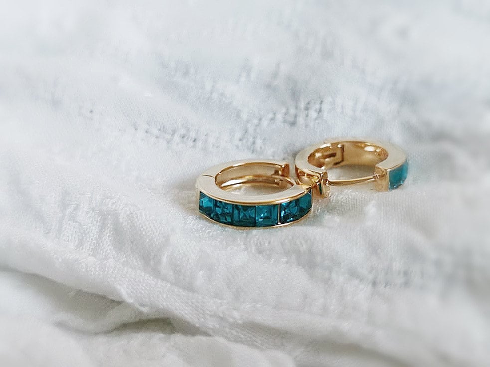 Gold December Birthstone Huggies: Turquoise CZ Crystal Hoop Earrings, Minimalist Earrings for Woman