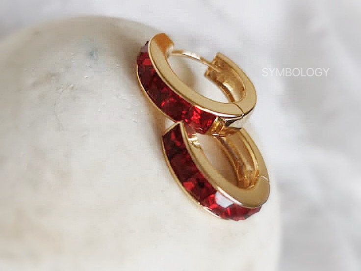 July Birthstone Earrings: Ruby Swarovski Crystal Hoops, 18ct Gold Plated Minimalist Earrings, Birthday Gift Ideas