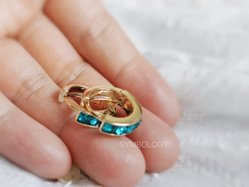 Gold December Birthstone Huggies: Turquoise CZ Crystal Hoop Earrings, Minimalist Earrings for Woman