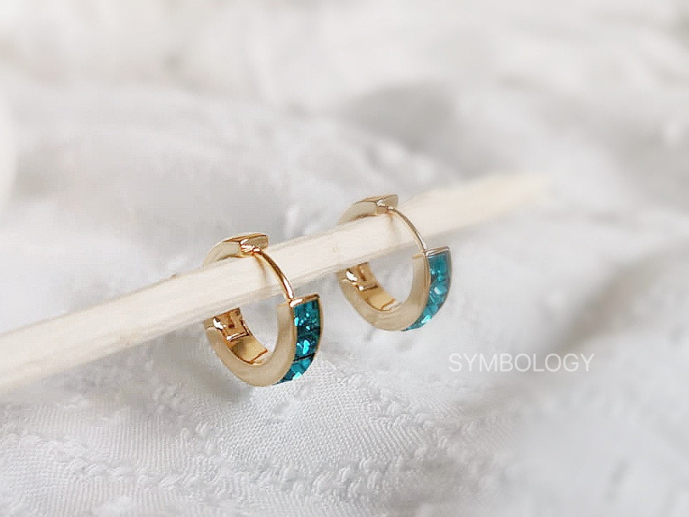 Gold December Birthstone Huggies: Turquoise CZ Crystal Hoop Earrings, Minimalist Earrings for Woman