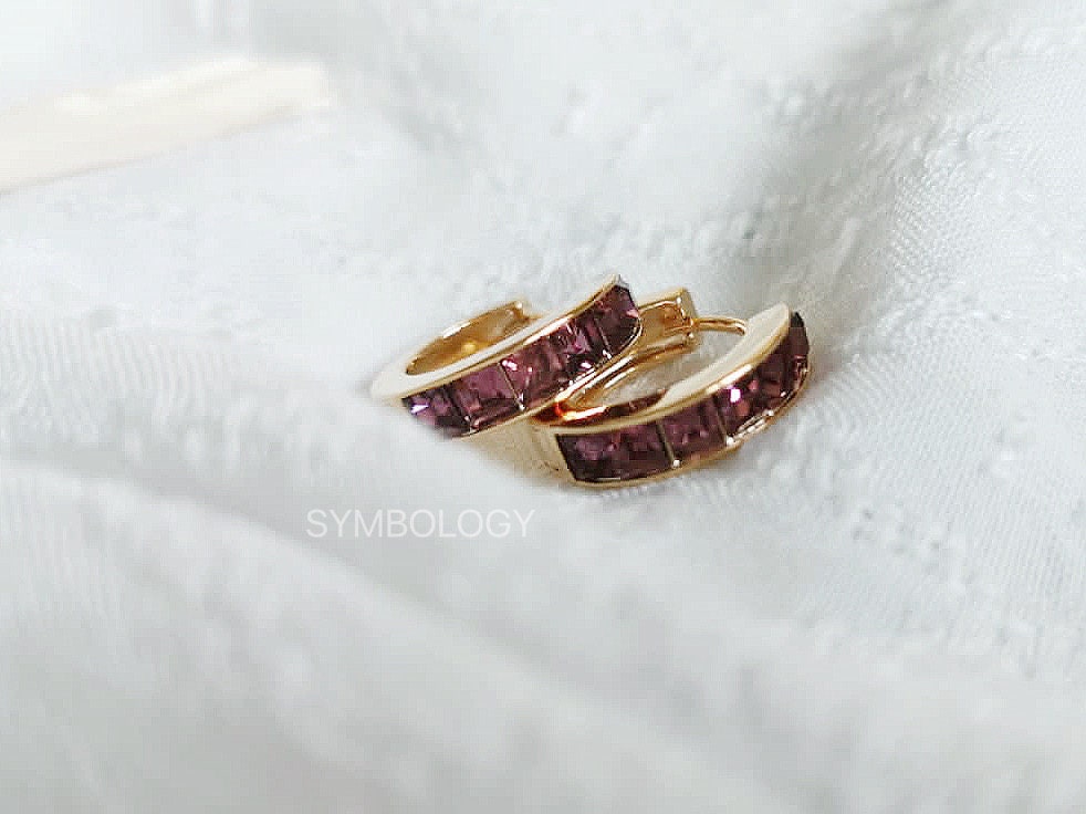 February Birthstone Gold Huggies: Amethyst CZ Crystal Hoop Earrings, Purple Crystal Hoops