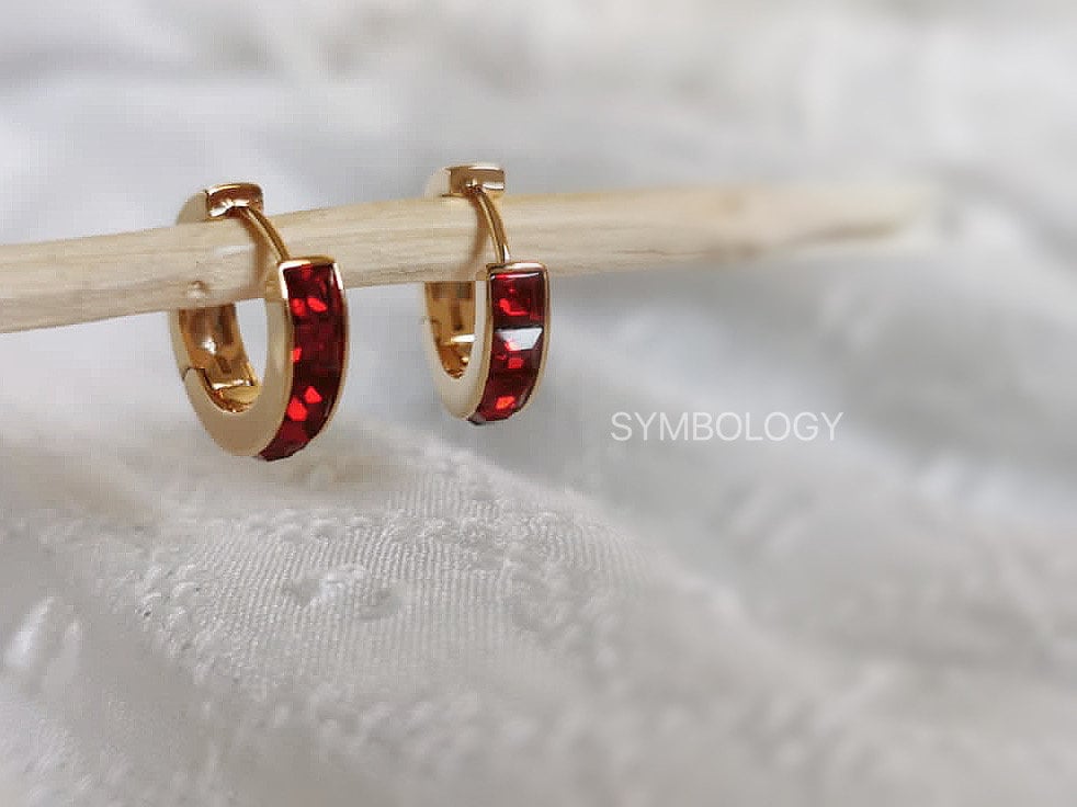 July Birthstone Earrings: Ruby Swarovski Crystal Hoops, 18ct Gold Plated Minimalist Earrings, Birthday Gift Ideas