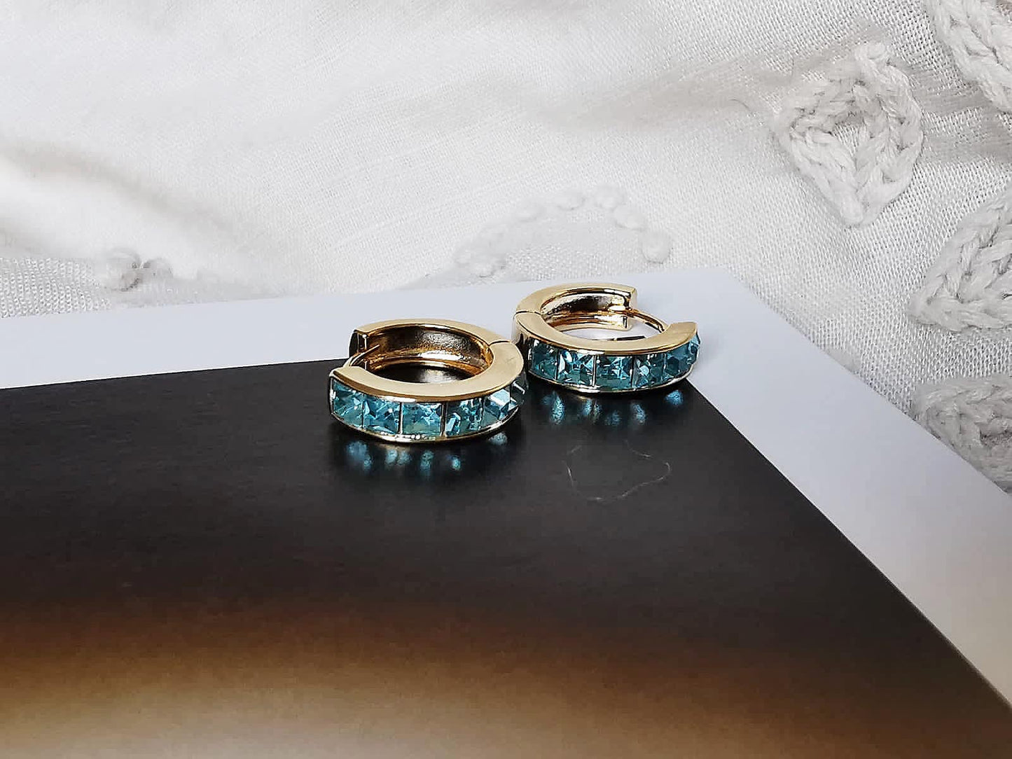 March Birthstone Earrings: Aqua CZ Crystal Hoops, Gold Plated Birthday Jewellery