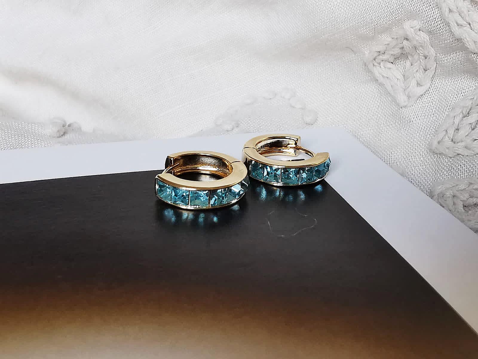 March Birthstone Earrings: Aqua CZ Crystal Hoops, Gold Plated Birthday Jewellery