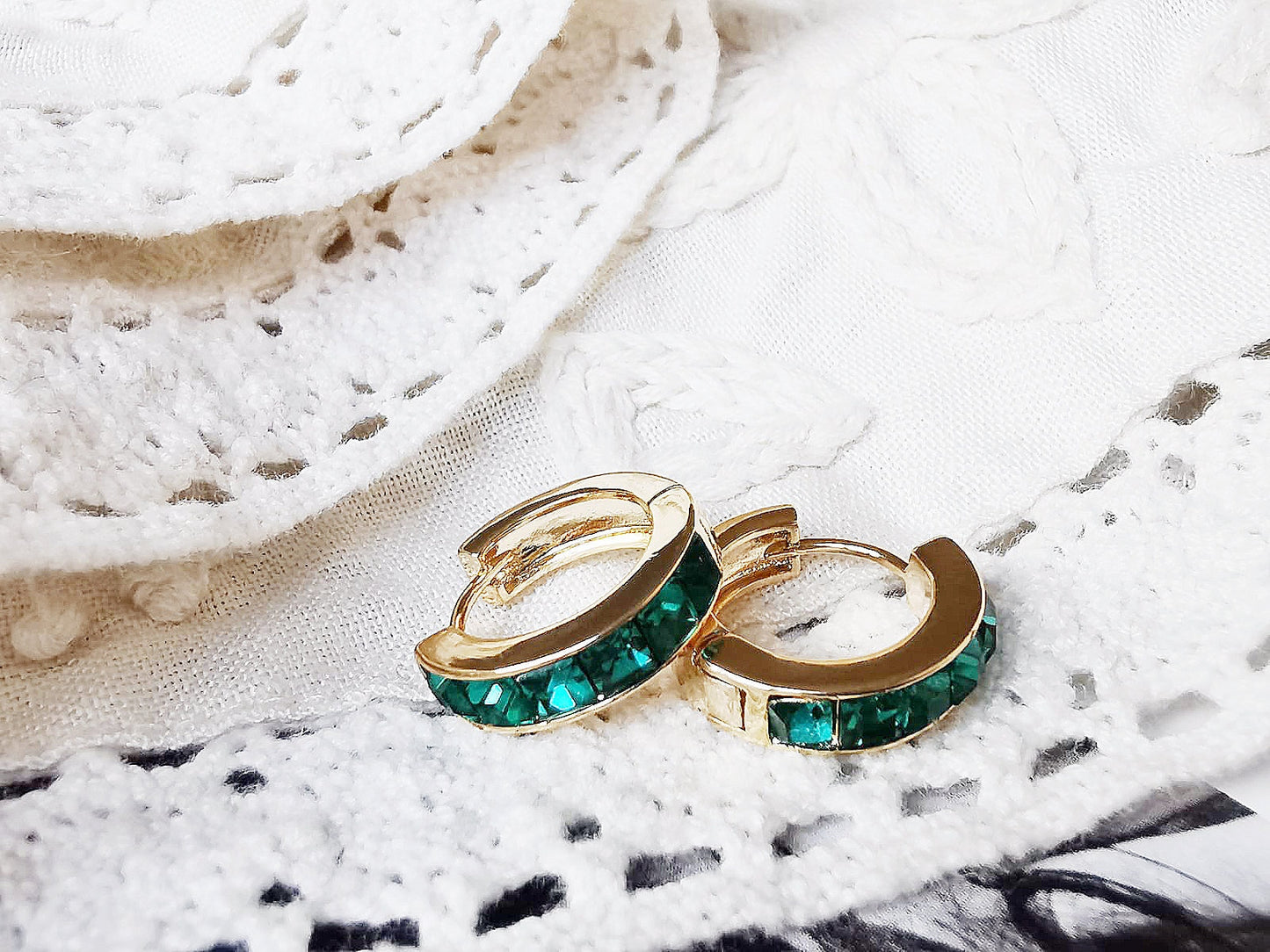 Gold May Birthstone Earrings: Swarovski Emerald Crystal Hoops, Minimalist Huggies for Everyday Wear