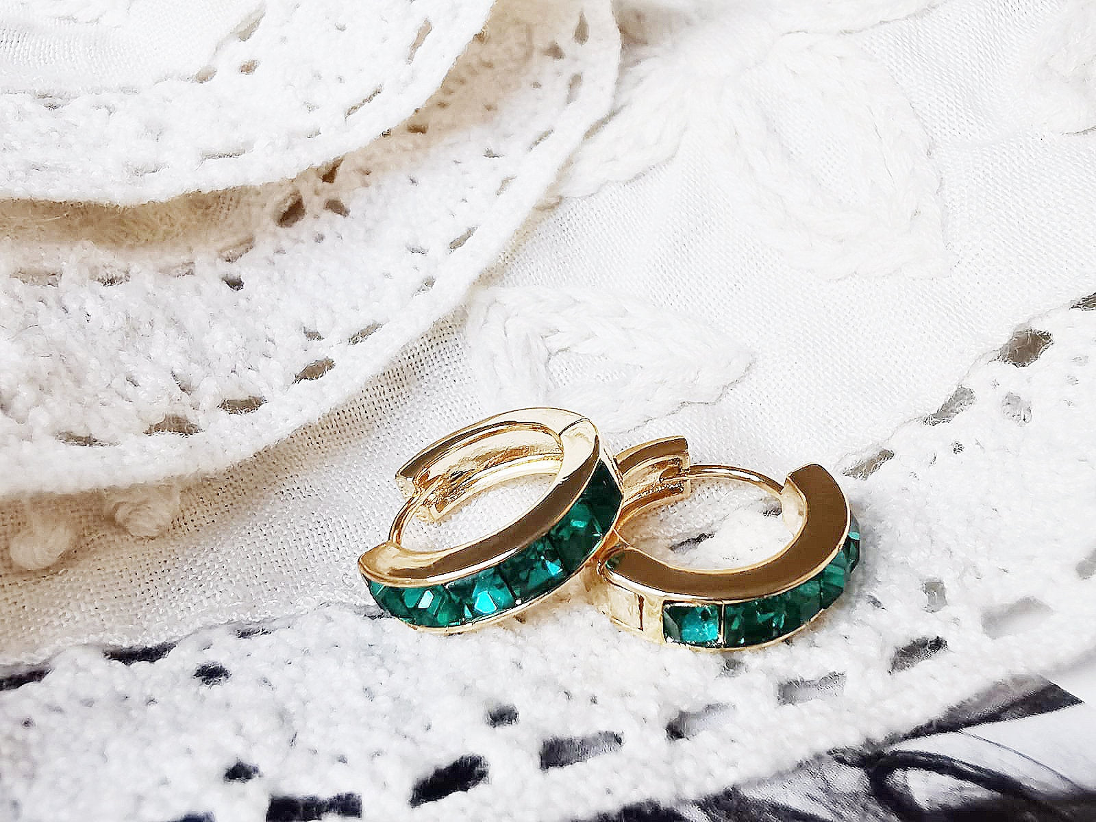 Gold May Birthstone Earrings: Swarovski Emerald Crystal Hoops, Minimalist Huggies for Everyday Wear