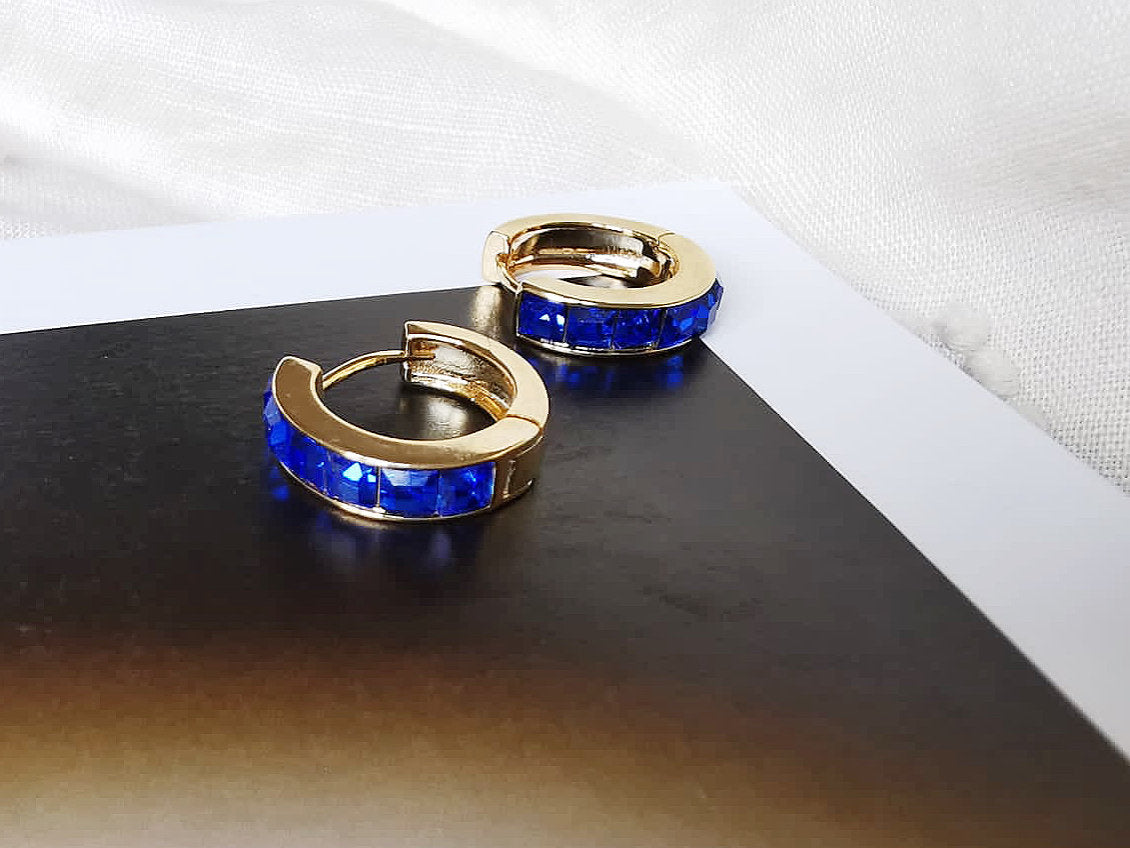 September Birthstone Hoops Earrings: CZ Crystal Gold Sapphire Huggies, Minimalist Jewellery for Woman