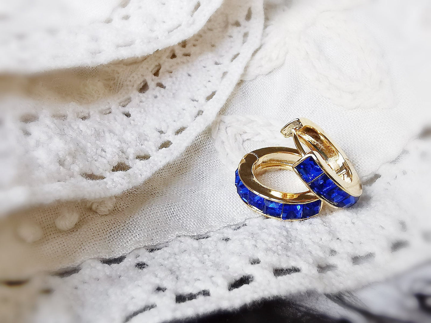 September Birthstone Hoops Earrings: CZ Crystal Gold Sapphire Huggies, Minimalist Jewellery for Woman