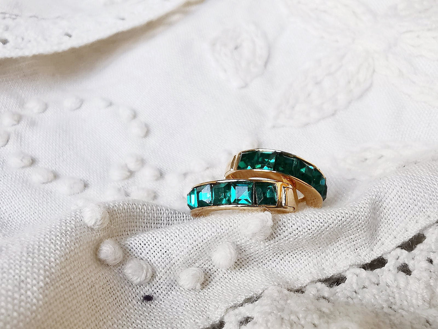 Gold May Birthstone Earrings: Swarovski Emerald Crystal Hoops, Minimalist Huggies for Everyday Wear